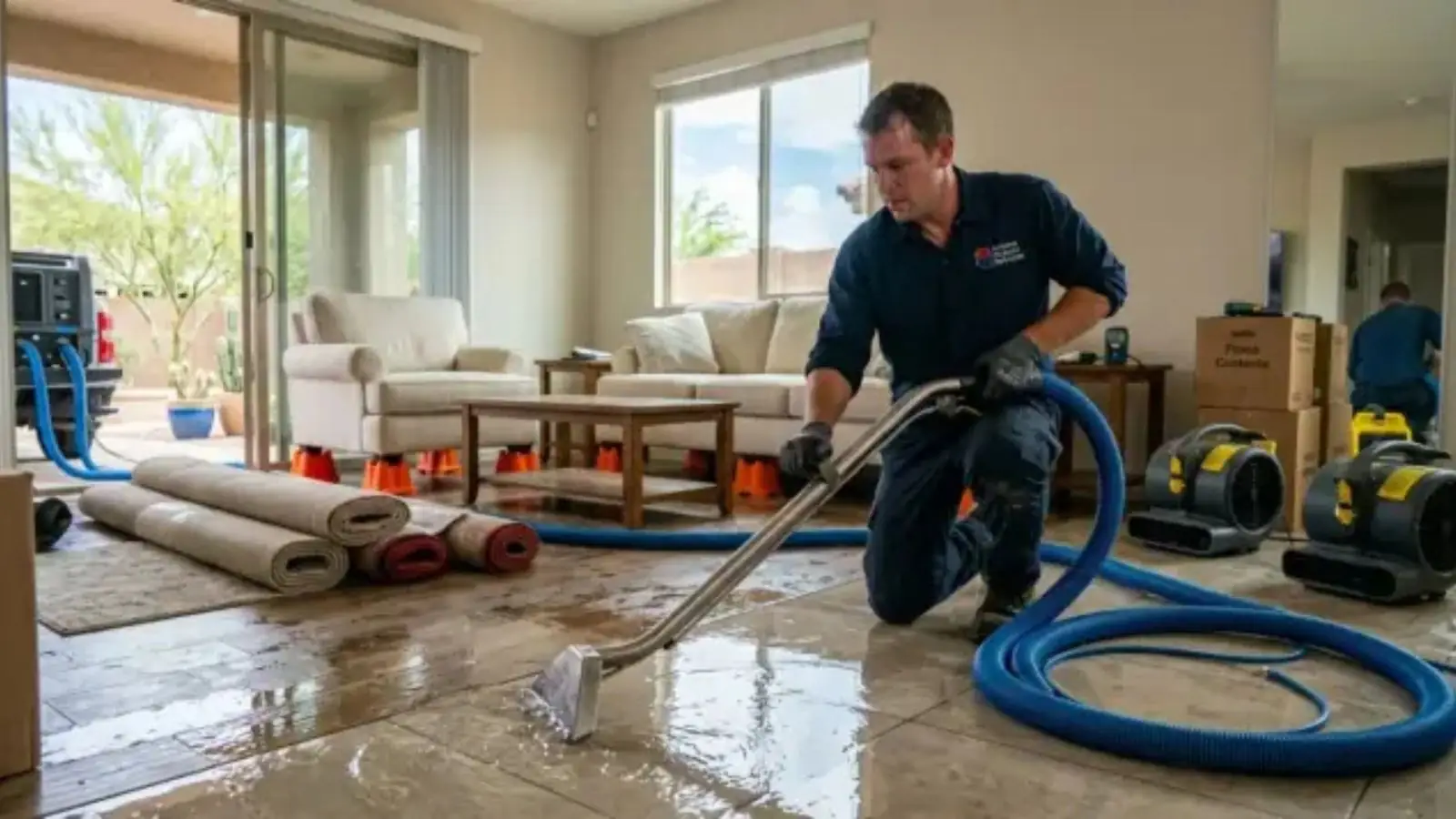 Restoration technician using a hose and air movers to dry a flooded living room